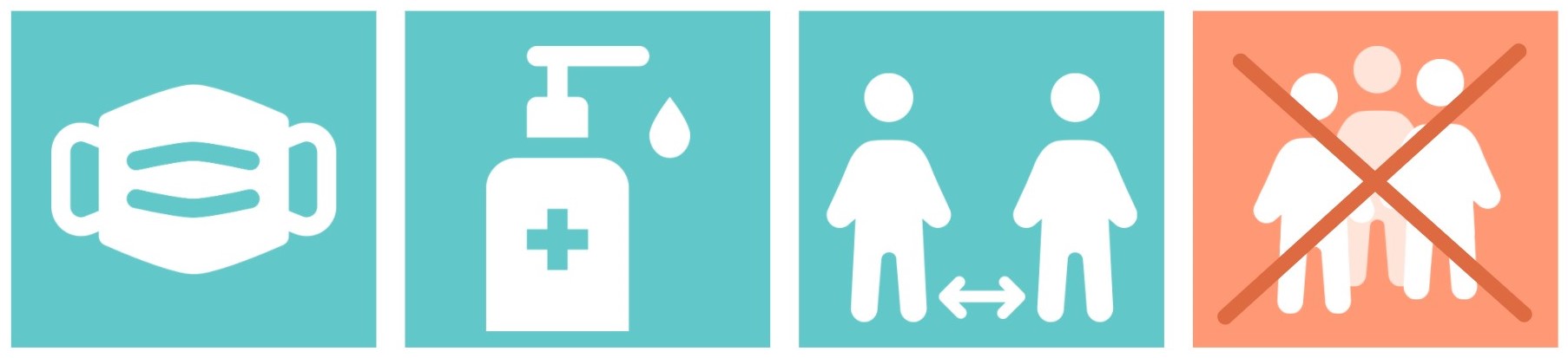 Icons representing what you should do during covid, mask, sanitize, distance