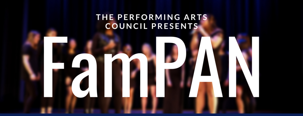 A banner that reads, The Performing Arts Council presents FamPAN, overlaid on an photograph of performers in a spotlight.